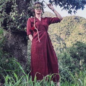 Ruby Red Indian Khadi Cotton Bohemian Dress Size S